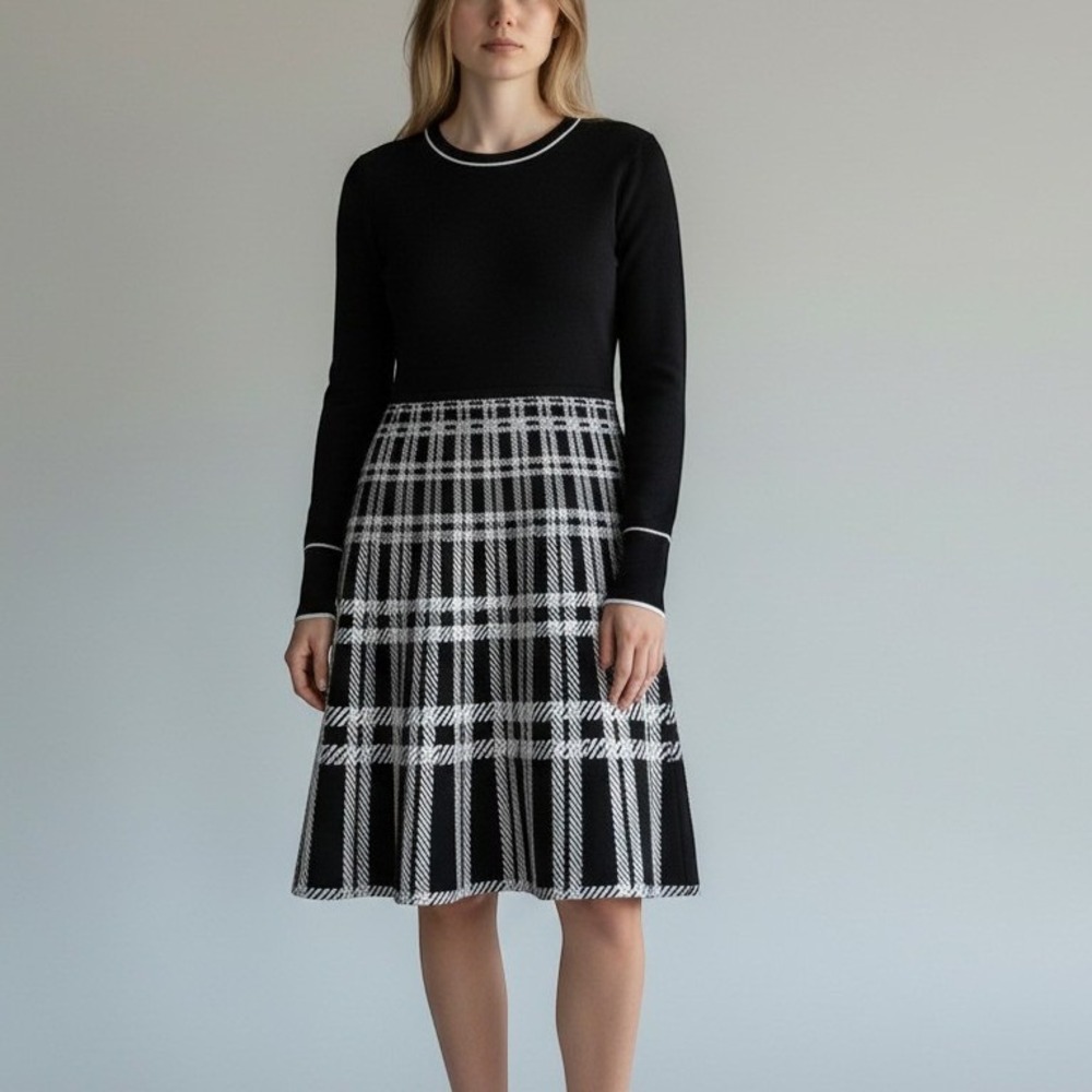 Karl Lagerfeld Black Plaid Knit Long Sleeve A-Line Sweater Dress Small Academia